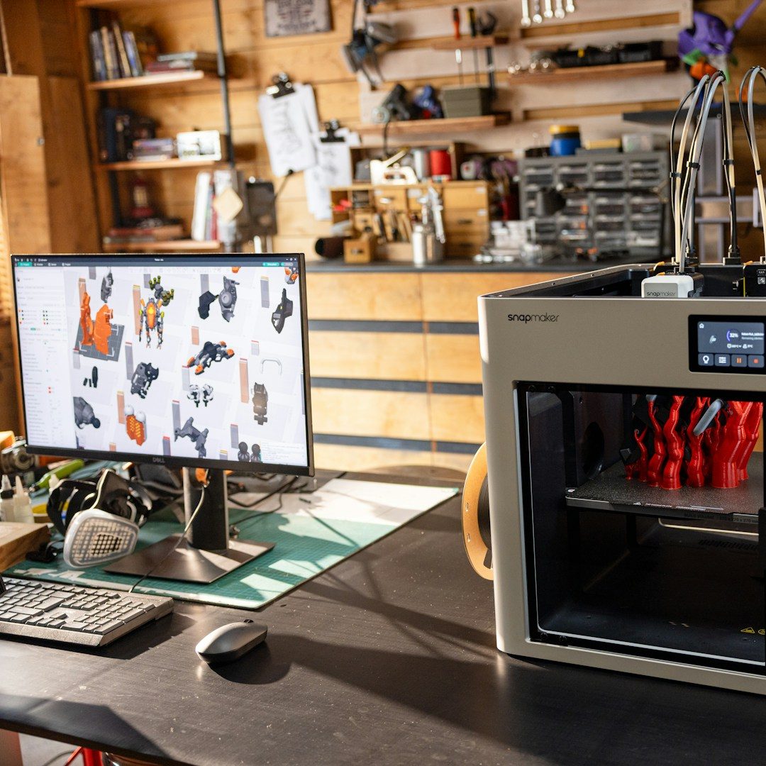 Detailaufnahme eines 3D-Druckers mit sichtbaren Mechanismen und Kabeln.